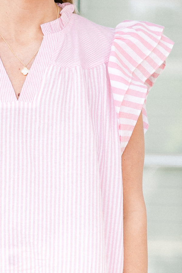 Chic Soul plus size clothing, short-flutter-sleeve pink and white striped top with a split-v-neckline