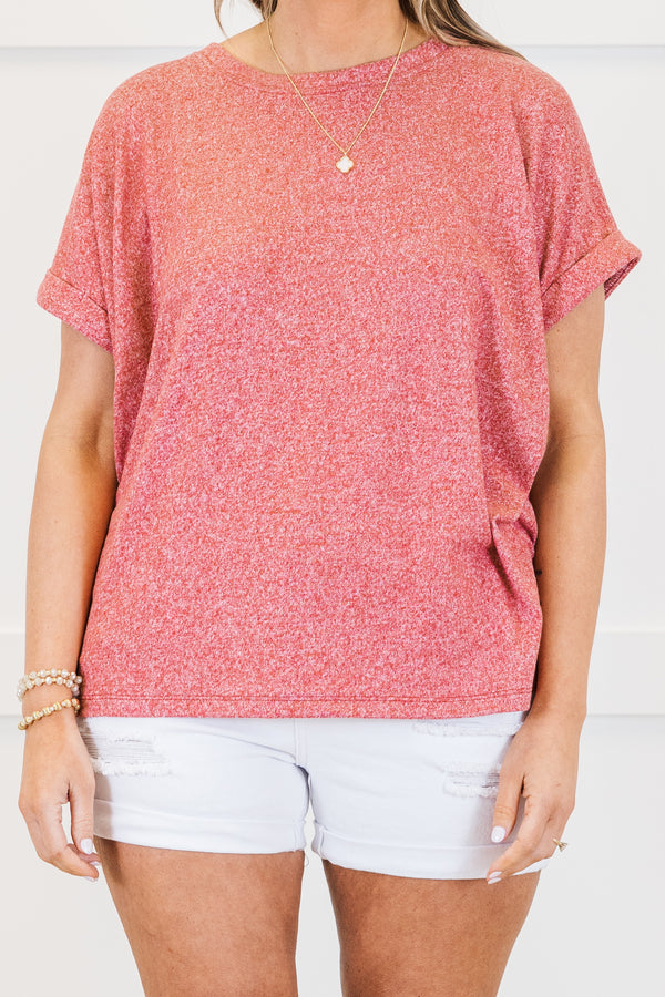 Plus Size dark red mélange hacci tee with short cuffed sleeves and a relaxed fit.