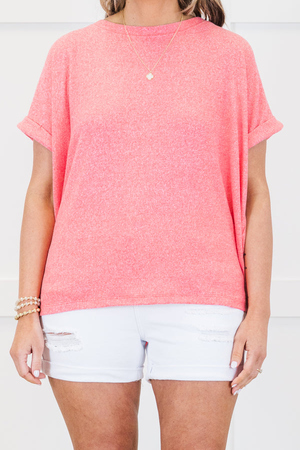 Plus Size fuchsia mélange hacci tee with a crew neck and cuffed short sleeves.