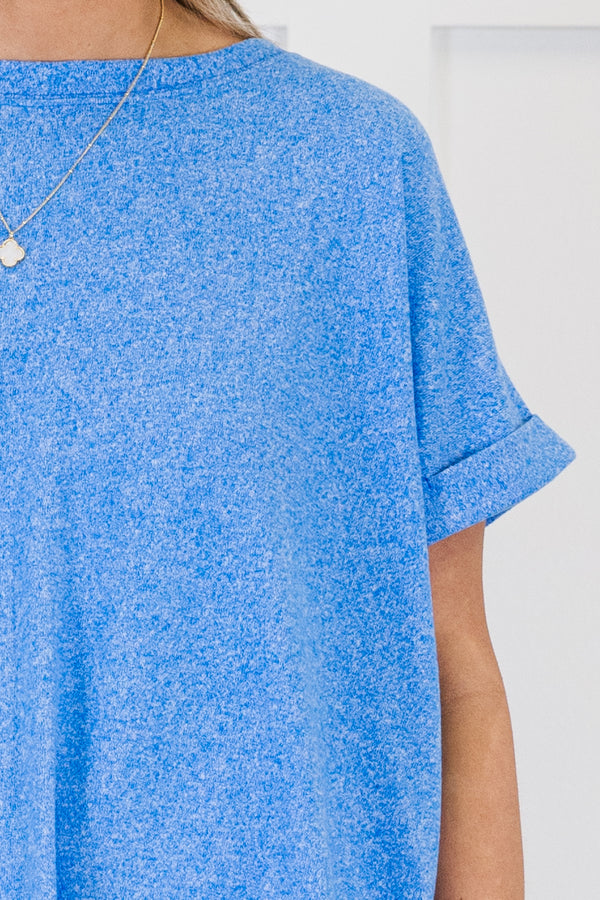 Plus Size ocean blue mélange hacci tee with short cuffed sleeves and a relaxed fit.