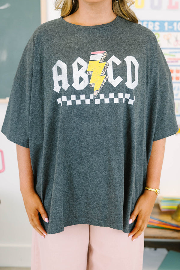 Plus size charcoal oversized boyfriend tee with band inspired school graphic