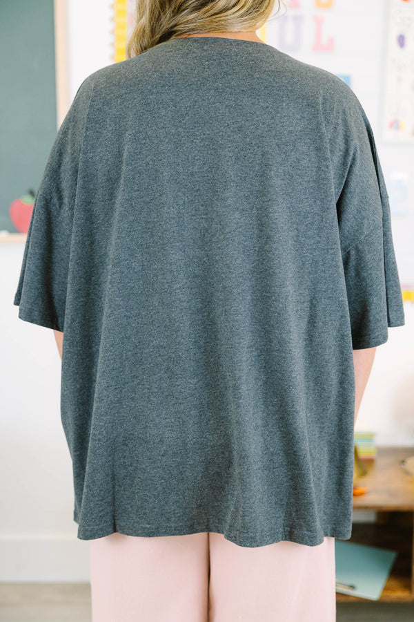 Plus size charcoal oversized boyfriend tee with band inspired school graphic