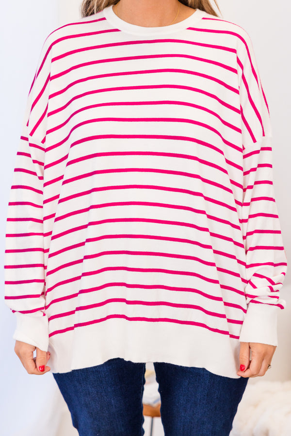 Chic Soul plus size clothing, hot pink long sleeve knit top with horizontal pink stripes with hot pink elbow patches with round neckline with white cuff and band along bottom