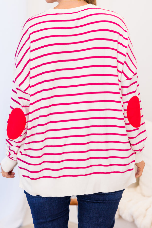 Chic Soul plus size clothing, hot pink long sleeve knit top with horizontal pink stripes with hot pink elbow patches with round neckline with white cuff and band along bottom