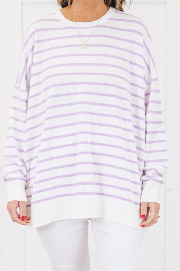 Chic Soul plus size clothing, long-sleeve ivory top with a high-scoop-neckline and lavender striped pattern 
