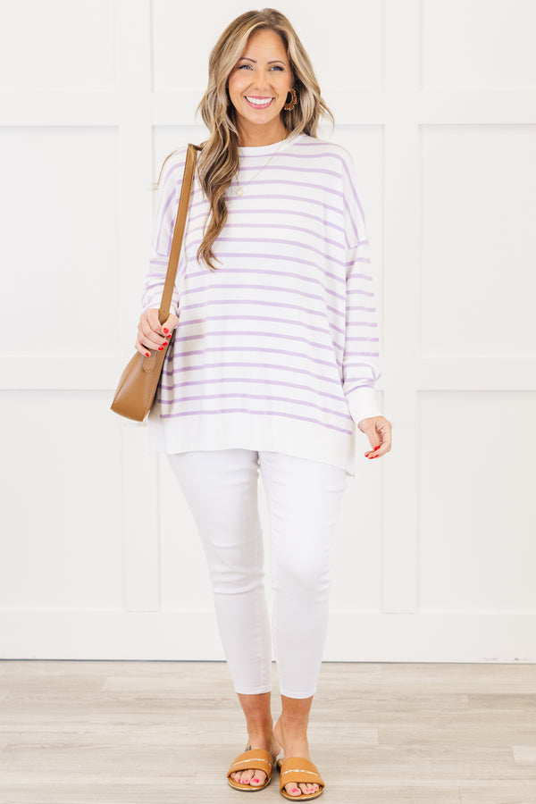 Chic Soul plus size clothing, long-sleeve ivory top with a high-scoop-neckline and lavender striped pattern 