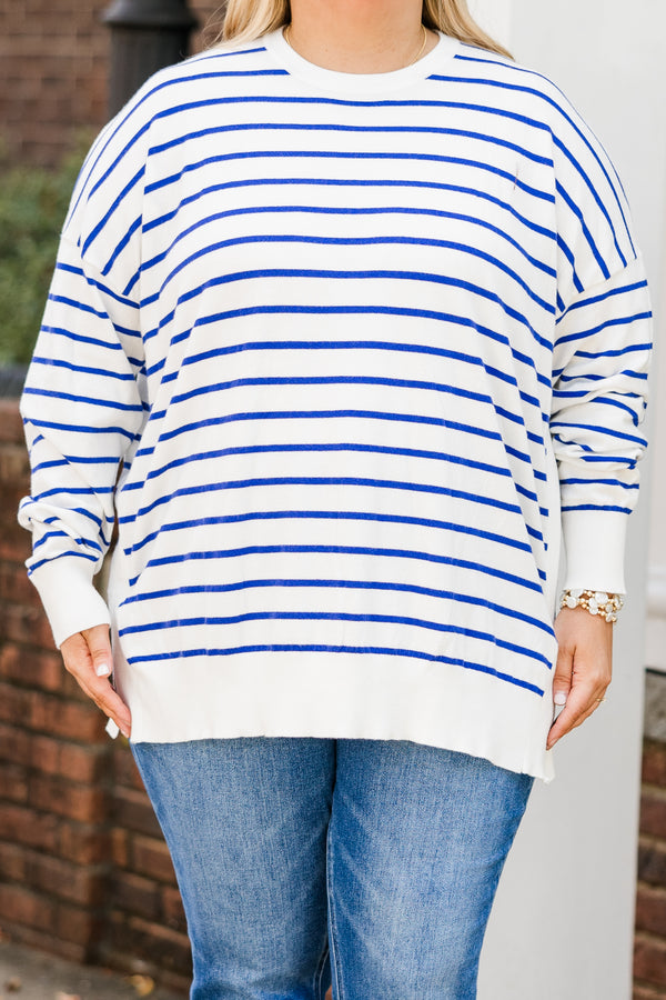 Chic Soul plus size clothing, white long sleeve top with royal blue horizontal stripes with cuff sleeves and round neckline with navy elbow patches