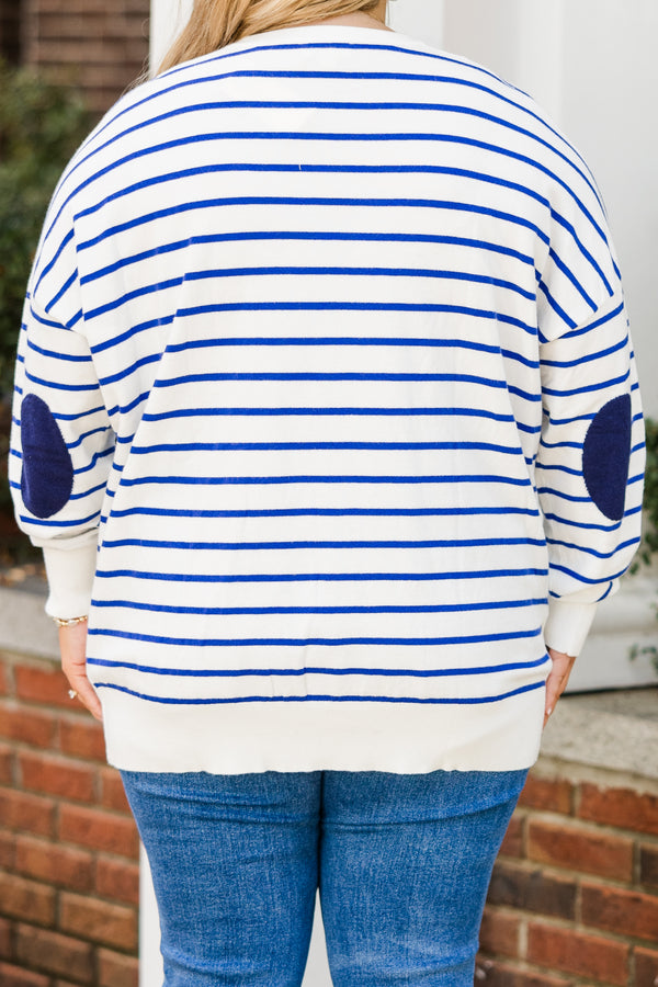 Chic Soul plus size clothing, white long sleeve top with royal blue horizontal stripes with cuff sleeves and round neckline with navy elbow patches