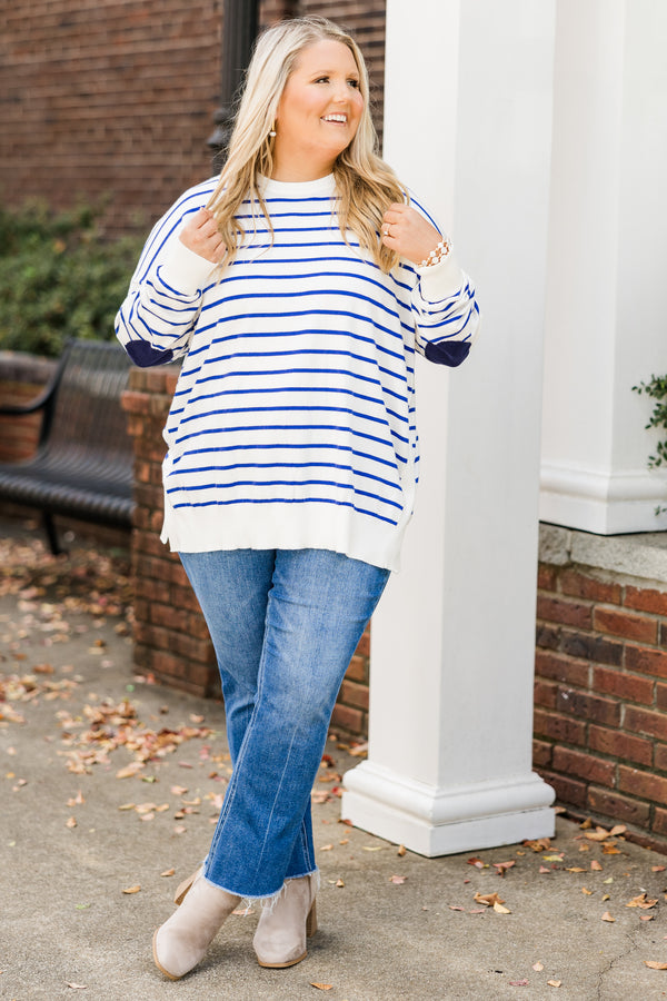 Chic Soul plus size clothing, white long sleeve top with royal blue horizontal stripes with cuff sleeves and round neckline with navy elbow patches