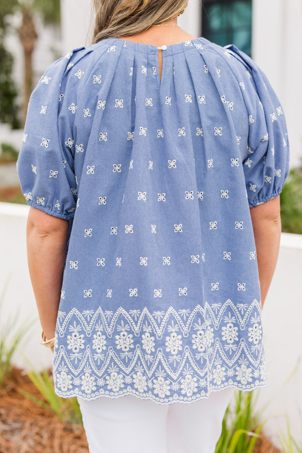 Chic Soul plus size clothing, light chambray denim puff sleeve top with white embroidery detailing