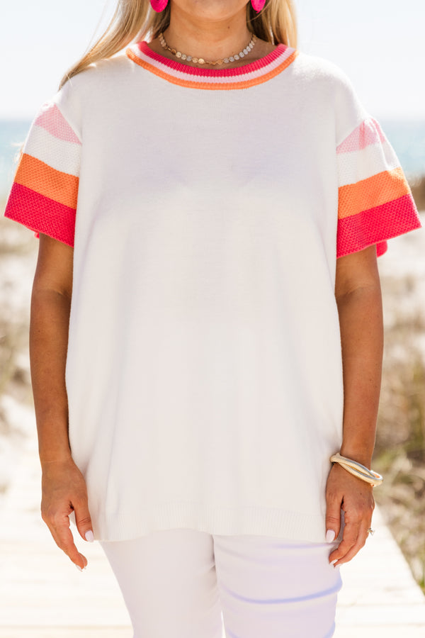 Plus Size white knit sweater with colorful striped flutter sleeves and a matching crew neckline.