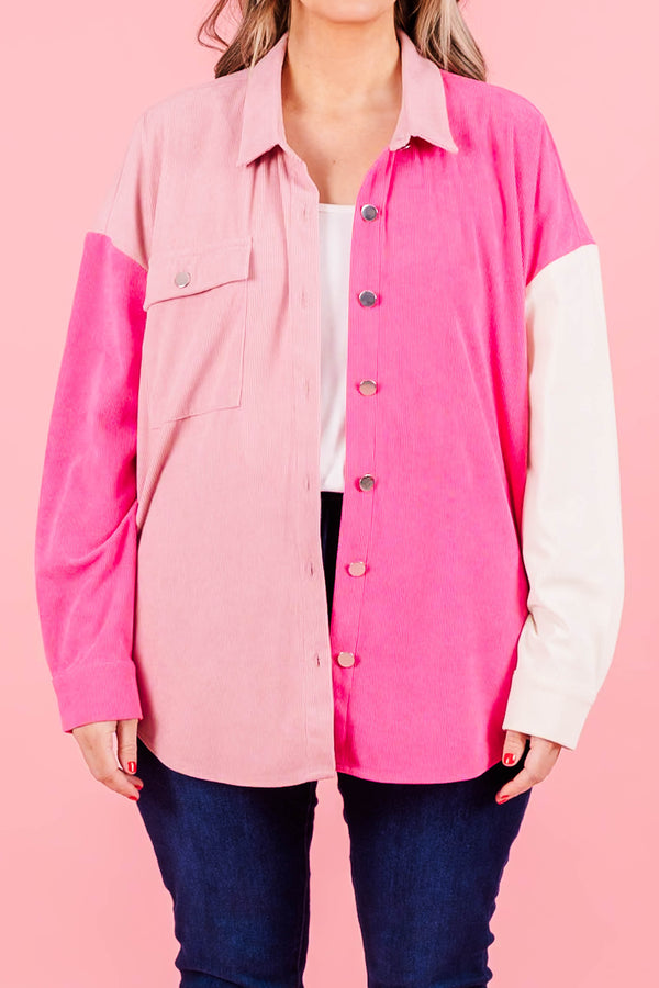 Chic Soul plus size clothing, pink multi colorblock shacket button up with collar