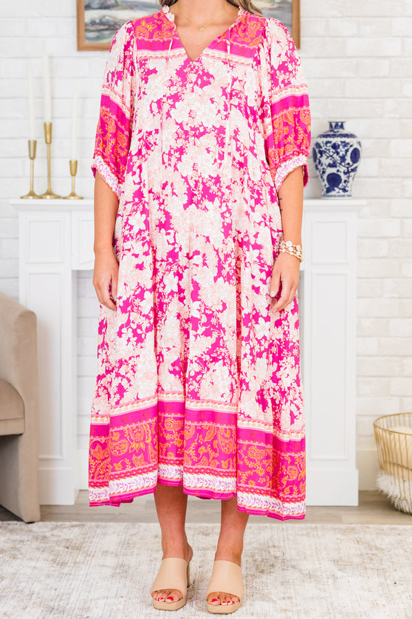 Chic Soul plus size clothing, puffed-short-sleeve pink split-v-neckline midi dress with a white and pink patchwork floral pattern