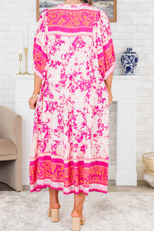 Chic Soul plus size clothing, puffed-short-sleeve pink split-v-neckline midi dress with a white and pink patchwork floral pattern