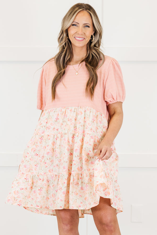 Chic Soul plus size clothing, pink short sleeve tiered mini dress with round neckline with short puff sleeves with tiered white floral skirt

