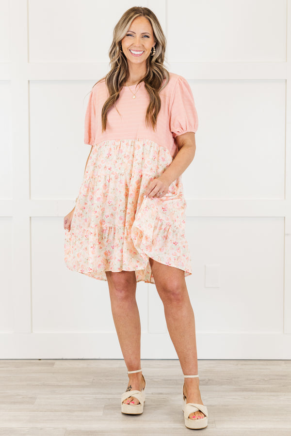 Chic Soul plus size clothing, pink short sleeve tiered mini dress with round neckline with short puff sleeves with tiered white floral skirt
