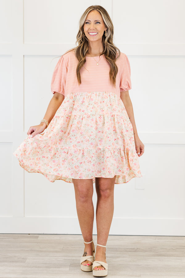Chic Soul plus size clothing, pink short sleeve tiered mini dress with round neckline with short puff sleeves with tiered white floral skirt
