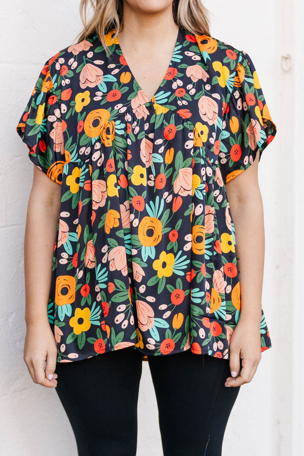 Chic Soul plus size clothing, black multicolored floral pattern top with a v neckline