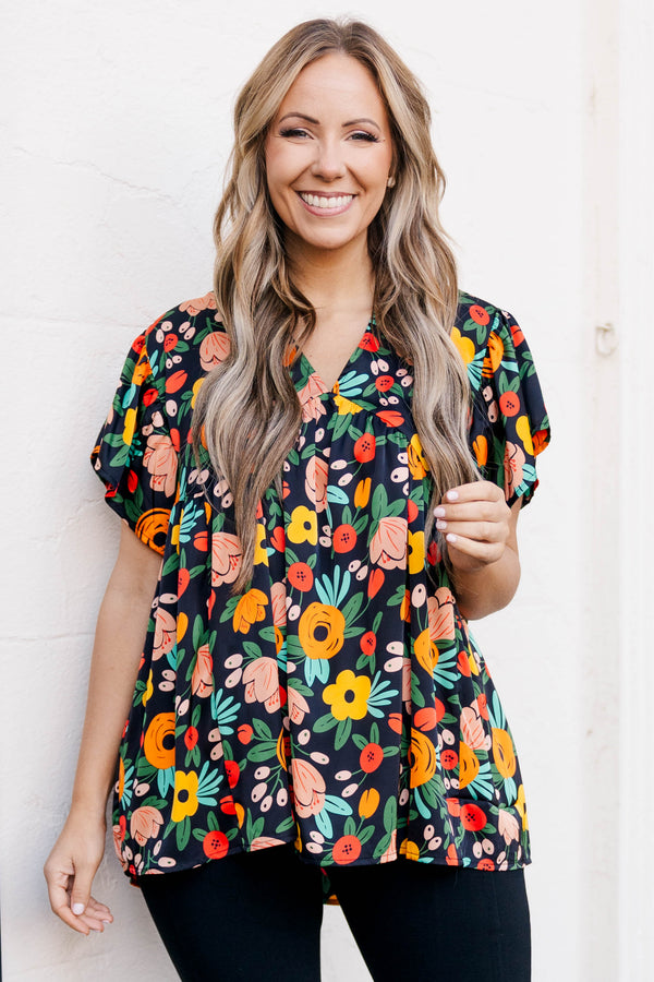 Chic Soul plus size clothing, black multicolored floral pattern top with a v neckline