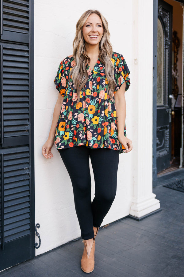 Chic Soul plus size clothing, black multicolored floral pattern top with a v neckline
