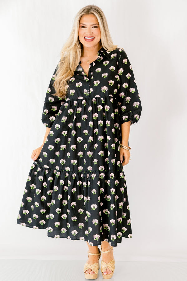 Chic Soul plus size clothing, black tiered maxi dress with half sleeves buttons going down to the chest and a pink white and green floral block print throughout