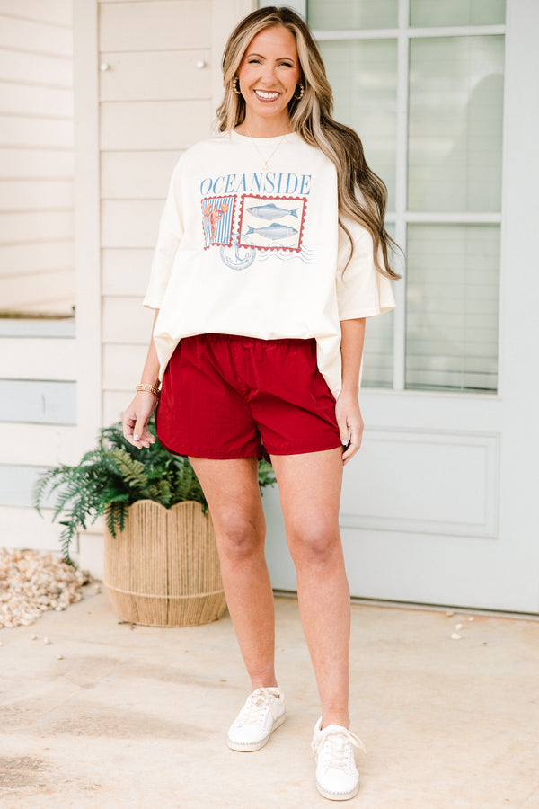 Chic Soul plus size clothing, copper red athletic shorts with an elastic waistband and curved hem with a smocked high-waistline
