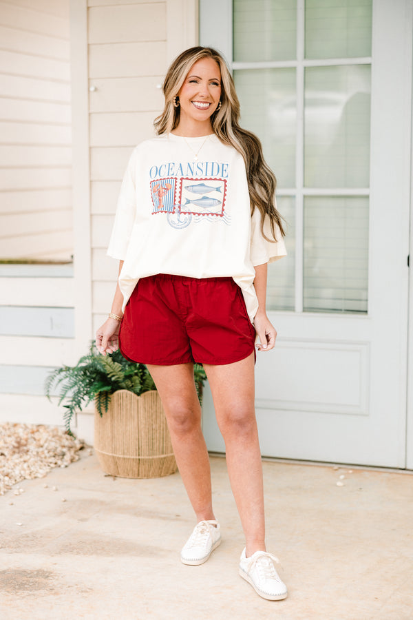 Chic Soul plus size clothing, copper red athletic shorts with an elastic waistband and curved hem with a smocked high-waistline
