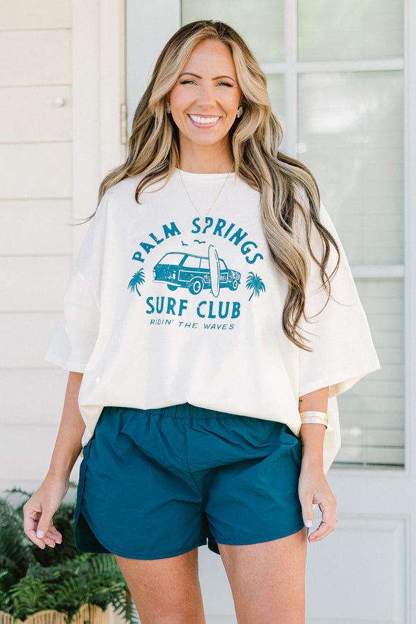 Chic Soul plus size clothing, high-waisted teal blue athletic shorts with a smocked high-waisted waistband with subtle flaring 