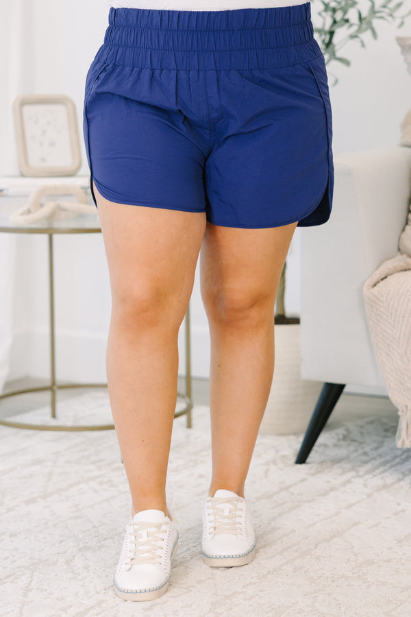 Chic soul plus size clothing, solid navy active shorts with a high waist band 
