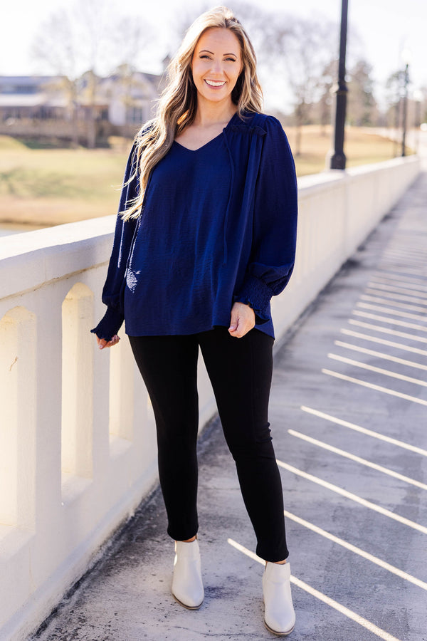 Chic Soul plus size clothing, navy flowy top with ruffle details and bubble sleeves