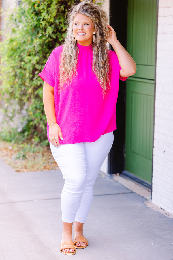 Chic Soul plus size clothing, short sleeve hot pink top with high-neckline