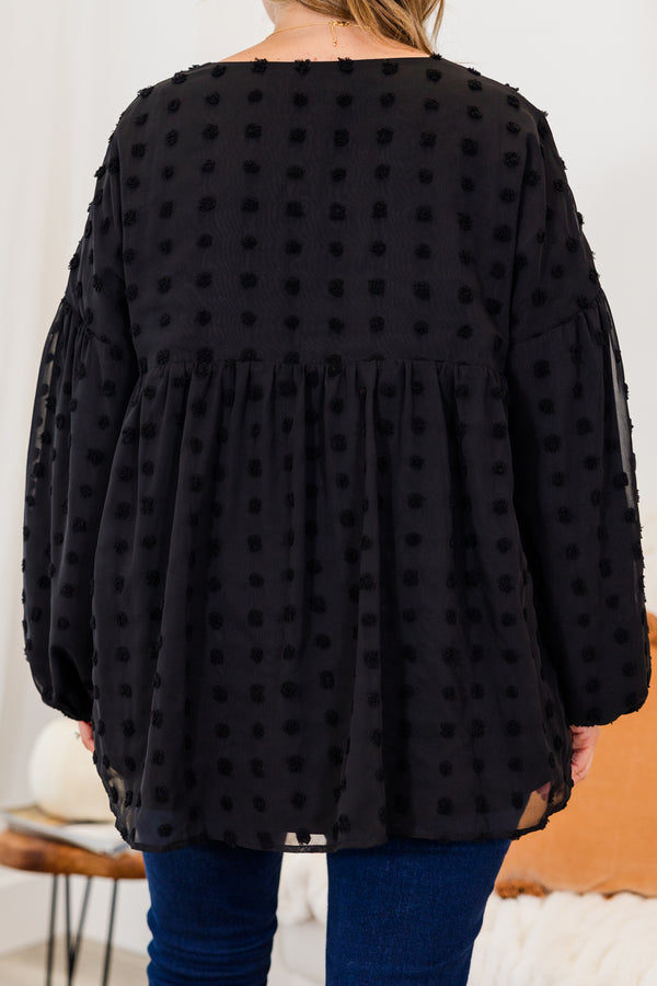 Chic Soul plus size clothing, long sleeve black top with textured dotted print with bubble sleeves with v neckline