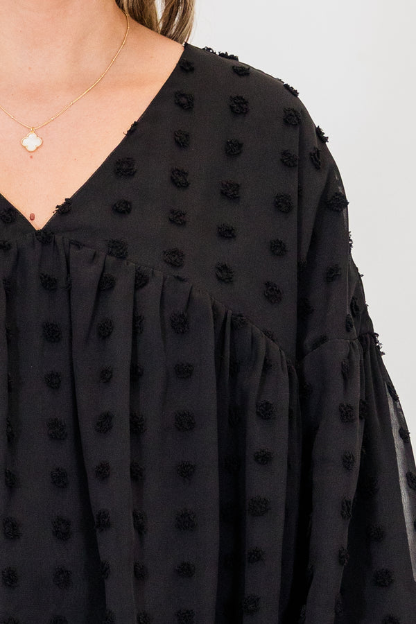 Chic Soul plus size clothing, long sleeve black top with textured dotted print with bubble sleeves with v neckline