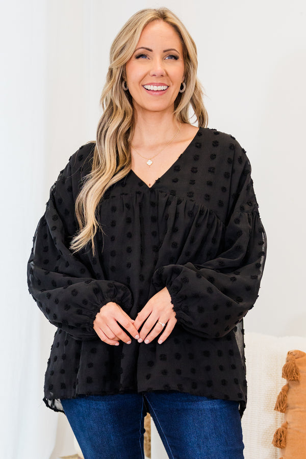 Chic Soul plus size clothing, long sleeve black top with textured dotted print with bubble sleeves with v neckline
