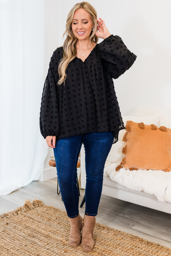 Chic Soul plus size clothing, long sleeve black top with textured dotted print with bubble sleeves with v neckline