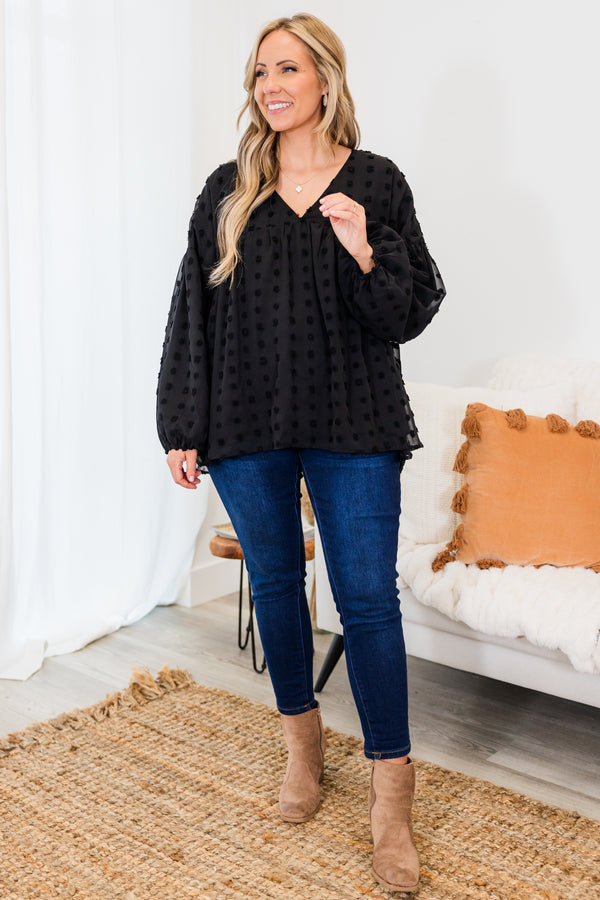 Chic Soul plus size clothing, long sleeve black top with textured dotted print with bubble sleeves with v neckline