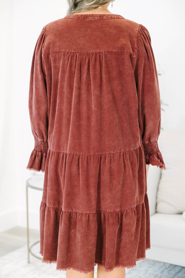Plus Size rustic red corduroy tiered dress with a V-neckline and frayed hem short sleeves.