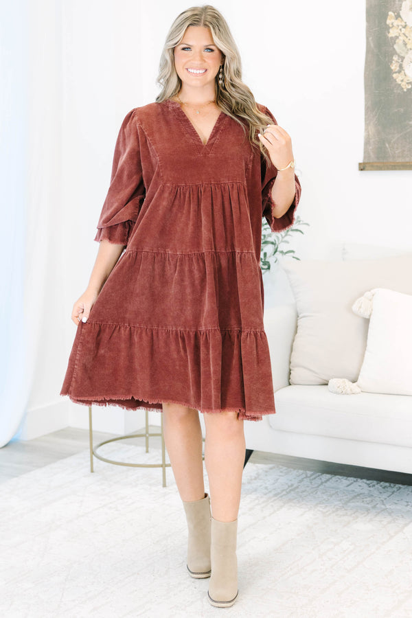 Plus Size rustic red corduroy tiered dress with a V-neckline and frayed hem short sleeves.