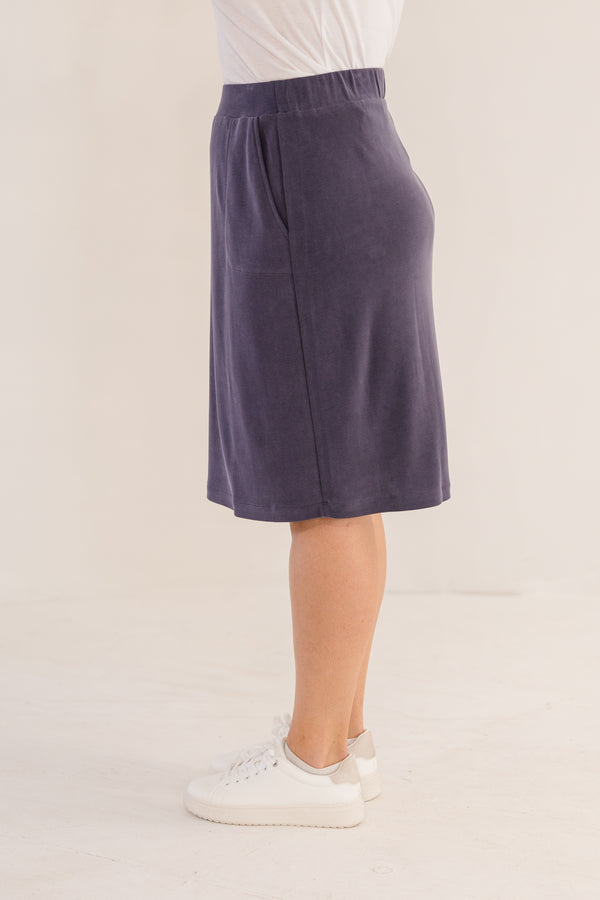 Chic Soul plus size clothing, bink navy knee length a-line skirt with elastic waistband and side pockets