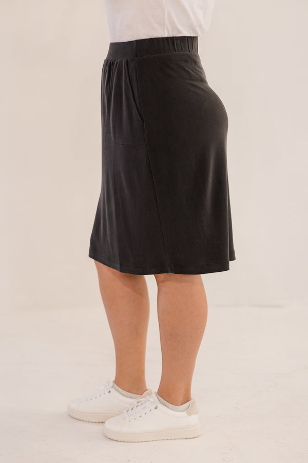 Chic Soul plus size clothing, black knee length a-line skirt with elastic waistband and side pockets