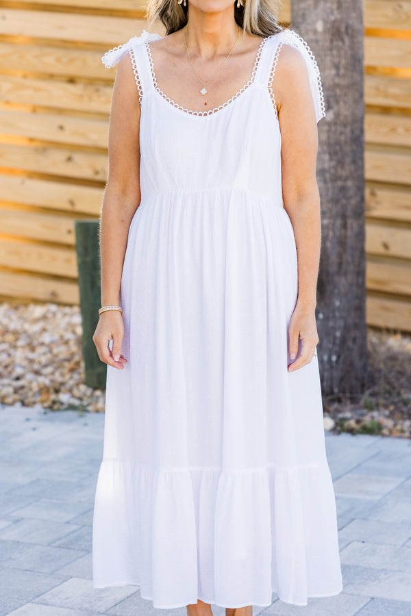 Chic Soul plus size clothing, white sleeveless maxi dress with tie detail on straps with round neckline with eyelet trim detail along straps and neckline with tier skirt detail