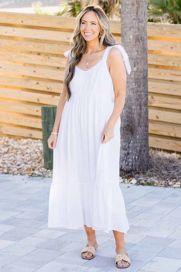 Chic Soul plus size clothing, white sleeveless maxi dress with tie detail on straps with round neckline with eyelet trim detail along straps and neckline with tier skirt detail