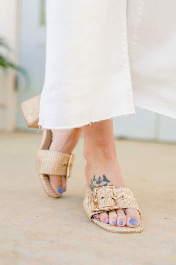 Chic Soul plus size clothing, gold woven block heels with gold hardware buckle on the front with thick block heel