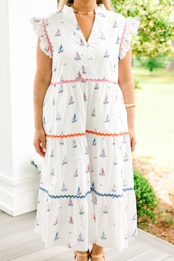 Chic Soul plus size clothing, white flutter sleeve slit neckline tiered midi dress with sailboat pattern and rick rack (wavy) trim that changes colors with every tier from pink to orange to blue on bottom plus pockets