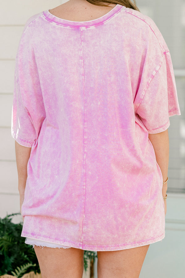 Chic Soul plus size clothing, bright mauve short sleeve acid wash boyfriend tee with 