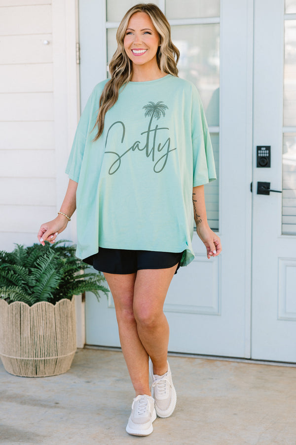 Chic Soul plus size clothing, light green short sleeve boyfriend tee with round neckline with 