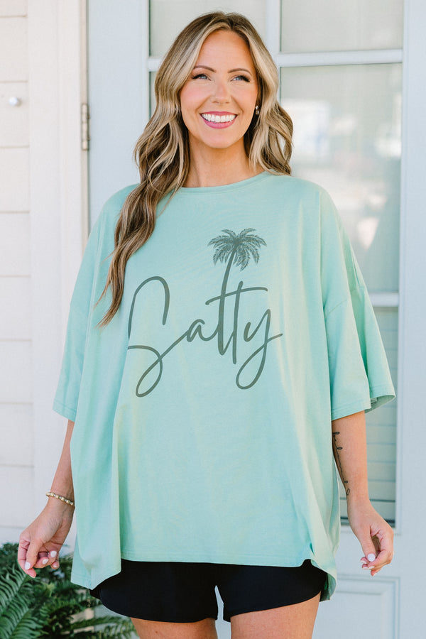 Plus Size light green oversized boyfriend tee with a palm tree and Salty graphic.