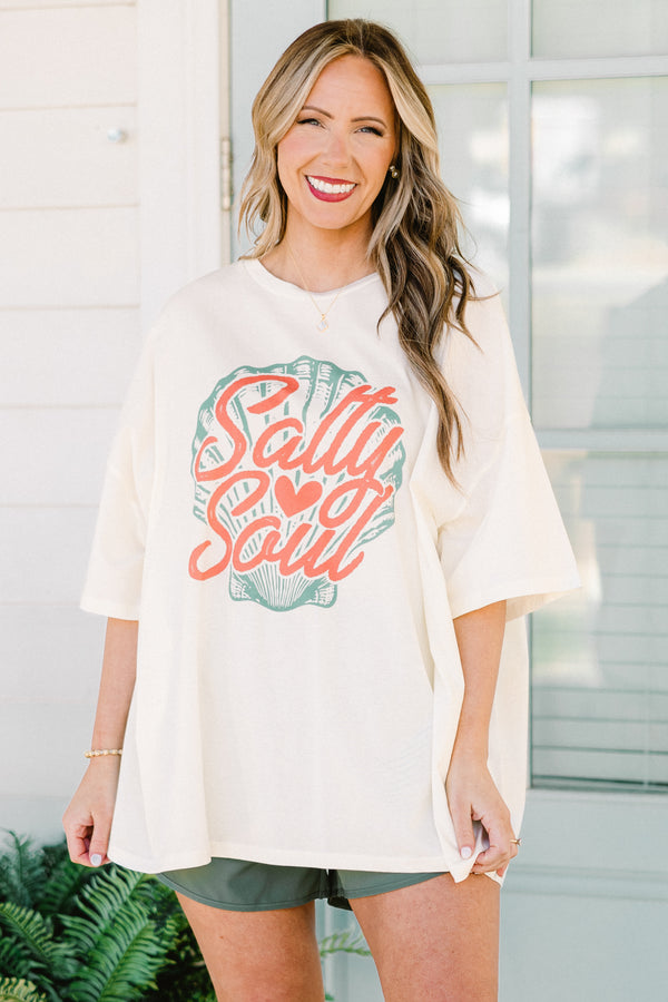 Chic Soul plus size clothing, short-sleeve ivory white boyfriend tee with a high-scoop-neckline and a coral orange calligraphy lettering stating 