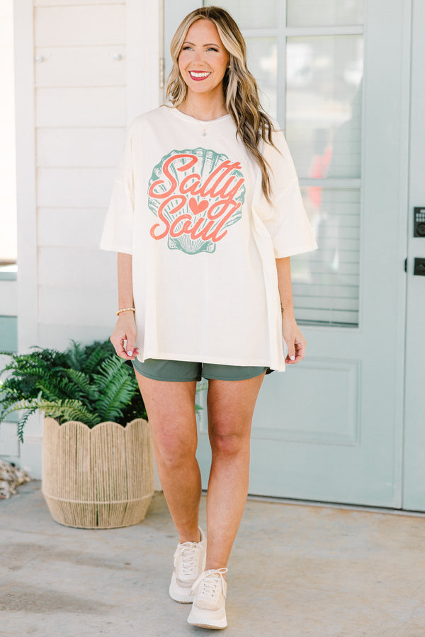 Chic Soul plus size clothing, short-sleeve ivory white boyfriend tee with a high-scoop-neckline and a coral orange calligraphy lettering stating 