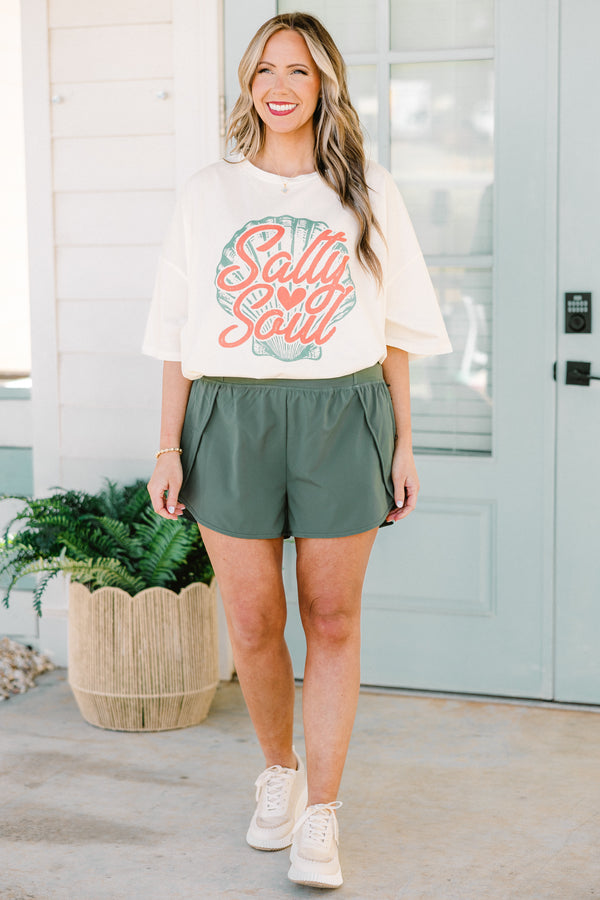 Chic Soul plus size clothing, mid-waisted ash jade green athleisure shorts with a subtle split stitching on the sides